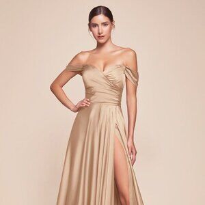 NEW FLOOR LENGTH OFF SHOULDER SLEEVELESS SATIN DRESS WITH ZIPPER BACK CD 7493